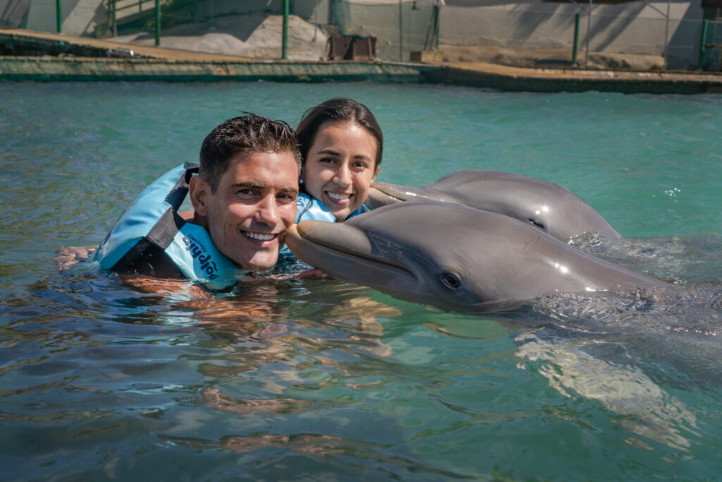 pareja nadando con delfines en isla mujeres